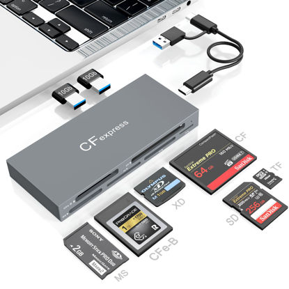 Picture of 8 in 1 CFexpress Type B Card Reader with 2 10Gb USB, USB3.2 Gen2 10Gbps CF Express Reader hub for CFexpress Type B/SD/TF/CF/XD/MS/USB, CFexpress Adapter Hub Read 6 Cards and 2USB Simultaneously