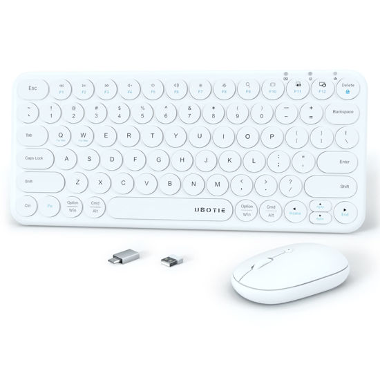Picture of Mini Computer Wireless Keyboard and Mouse Combo, UBOTIE Colorful Compact Silent Linear Switch Round Keycaps TKL Keyboards with Optical Mouse for Travel Business(White)