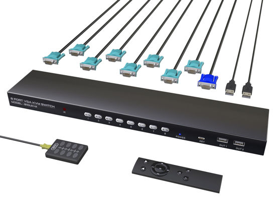 Picture of VGA KVM Switch 8 Ports - KVM Switch with Remote,USB Switcher 8 Computers Share 1 Monitor 4 USB 2.0 Hubs,Keyboard Mouse Printer,8 KVM VGA Cables 1 Desktop Controller 1 IR Remote