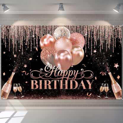 Picture of Black Silver Rose Gold Happy Birthday Party Decorations Supplies Glitter Balloon Birthday Party Backdrop for Women Girls Happy Birthday Banner Baby Shower Sweet 16 Photography Background Photo Booth