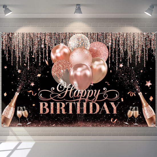 Picture of Black Silver Rose Gold Happy Birthday Party Decorations Supplies Glitter Balloon Birthday Party Backdrop for Women Girls Happy Birthday Banner Baby Shower Sweet 16 Photography Background Photo Booth