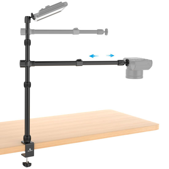 Picture of Overhead Camera Mount Table Stand with 2 Section Telescopic Arm, 13"-33" Adjustable Light Stand Mount with Table C Clamp/Swiveling Ball Head for DSLR Camera, Phone, Ring Light, Webcam