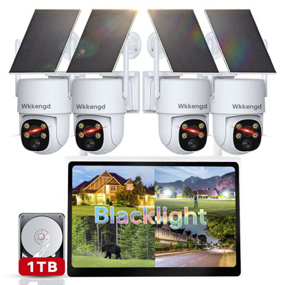 Picture of Wkkengd Blacklight Solar Security Wireless Camera System with 10" Monitor, 2K F1.0 Super Aperture PTZ Battery Powered Cameras for Home Security, Pre-Installed 1TB HDD, True Full Color Night Vison