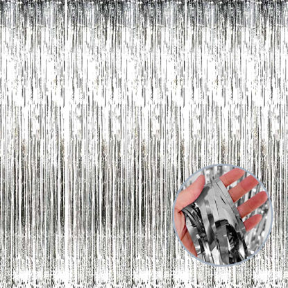 Picture of 4 Pack Silver Foil Fringe Curtain Backdrop, 3.28Ft x 8.2Ft Metallic Tinsel Foil Fringe Streamer Curtains for Photo Booth Props, Birthday, Wedding, New Year’s, Christmas Decoration Party Supplies