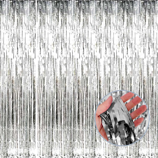 Picture of 4 Pack Silver Foil Fringe Curtain Backdrop, 3.28Ft x 8.2Ft Metallic Tinsel Foil Fringe Streamer Curtains for Photo Booth Props, Birthday, Wedding, New Year’s, Christmas Decoration Party Supplies