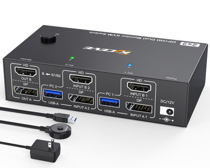 Picture of 4K@144Hz KVM Switch 2 Monitors 2 Computers 8K@60Hz, MLEEDA HDMI and Displayport Dual Monitor KVM Switch with 4 USB 3.0 Port for Keyboard Mouse Printer, with Wired Remote, Power Adapter and USB Cables