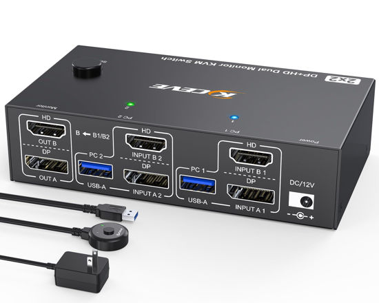 Picture of 4K@144Hz KVM Switch 2 Monitors 2 Computers 8K@60Hz, MLEEDA HDMI and Displayport Dual Monitor KVM Switch with 4 USB 3.0 Port for Keyboard Mouse Printer, with Wired Remote, Power Adapter and USB Cables