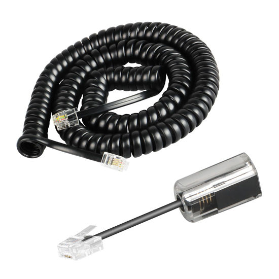 Picture of Awishwell Phone Cord Detangler for Desk Phone, 1 Pack Phone Cord for Landline 8 Ft Uncoiled (1.4 Ft Coiled) and 1 Pack 360 Degree Rotating Telephone Cord Detangler Tangle Free, Black