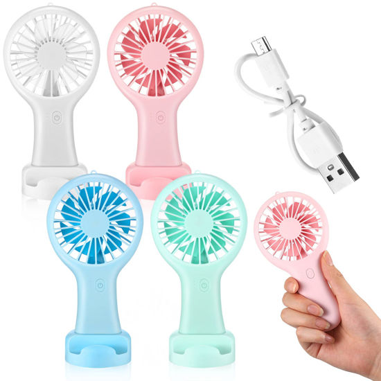 Picture of Woanger 4 Pcs Mini Handheld Fan Bulk Battery Operated Fans with Data Cable and Mounting Base Portable USB Electric Fan Small Rechargeable Quiet Pocket Fan Summer Gift Outdoor Travel Tool