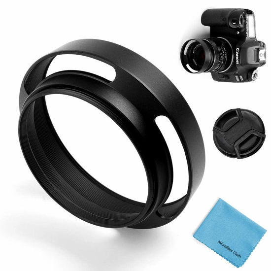 Picture of 37mm Hollow Lens Hood Universal Metal Hollow Vented Tilted Curved Lens Hood Sunshade with Centre Pinch Lens Cap for Leica Canon Nikon Sony Pentax Olympus Fuji Camera + Microfiber Cleaning Cloth