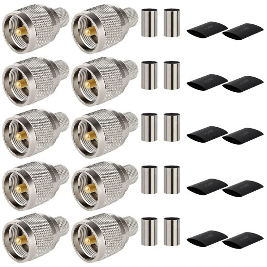 Picture of MOOKEERF PL-259 Male Crimp Connector Adapter,UHF SO239 Crimp Coax Connector for LMR400/KMR400/RG8/RG8U/RG213 Coaxial Cable (Pack of 10)