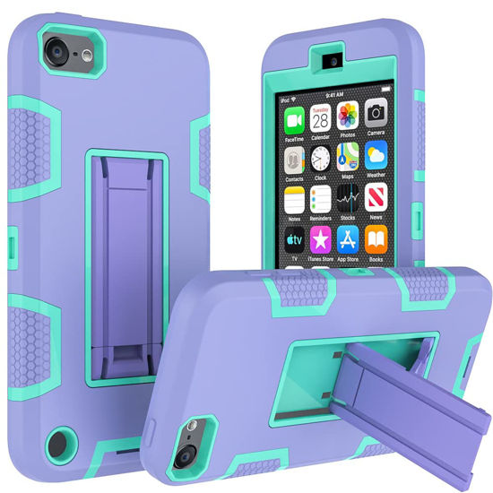 Picture of WOGROO Protective Case Compatible with Apple iPod Touch, iPod Touch 7 Case, iPod Touch 6 Case-Hybrid Shockproof iPod Case with Kickstand - Full-Body Cover with Rugged Drop Protection - Purple/Green