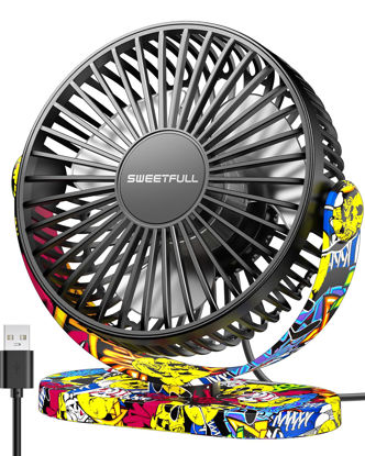 Picture of SWEETFULL Desk Fan USB Small Fan, 3 Speeds Portable Fan, 360° Rotate Personal Desktop Table Fan, Mini Fan Quiet Operation, for Home Office Car Outdoor Travel (Graffiti)