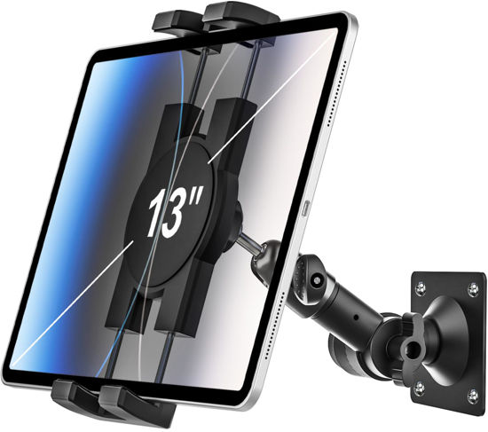 Picture of woleyi Tablet Wall Mount for iPad - [360° Adjustable Arm] Tablet Holder Stand for Kitchen Cabinet, Under Counter, Desk, for 4-13" Tablet Like iPad Pro 12.9, Air, Mini, iPhone, Galaxy, Fire HD, Switch