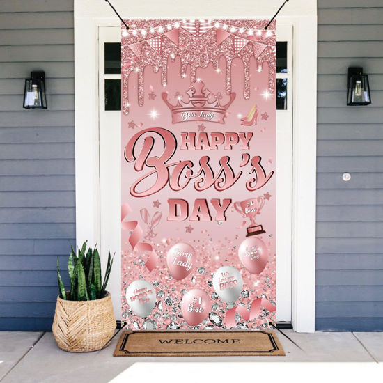 Picture of Happy Boss's Day Door Cover National Boss Day Photography Backdrop Rose Gold Crown Boss Lady Female Best Boss Ever Banner for Lady Boss Day Office Party Decoration Supplies (36x72 inch (3x6FT))