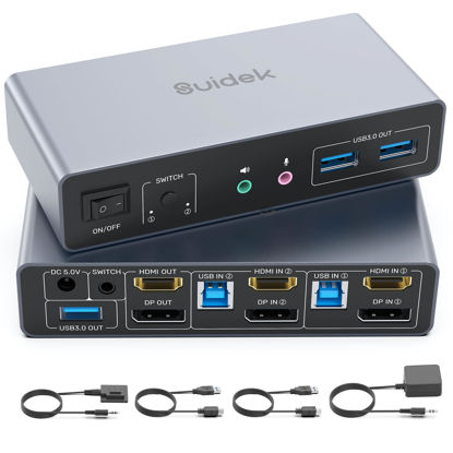 Picture of SUIDEK HDMI Displayport KVM Switch, 2 Computers 2 Monitors 4K@60Hz KVM Switcher Dual Monitor for 2 PC, 3 USB 3.0 Ports Support Extended/Mirror Mode with Desktop Controller&2 USB Cables&Power Adapter