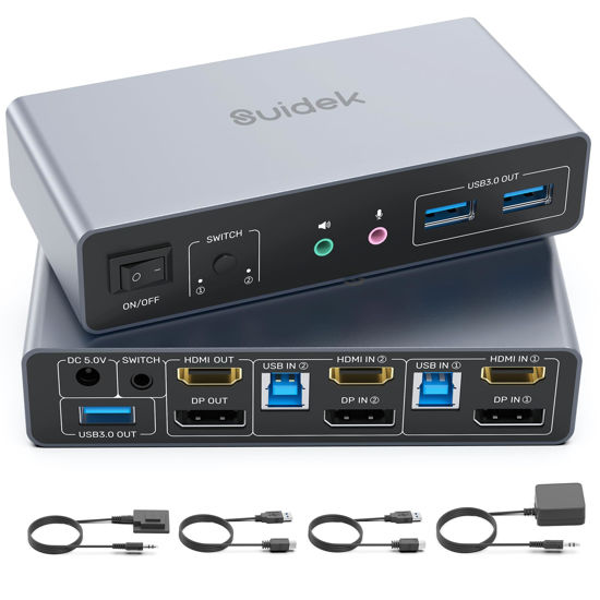 Picture of SUIDEK HDMI Displayport KVM Switch, 2 Computers 2 Monitors 4K@60Hz KVM Switcher Dual Monitor for 2 PC, 3 USB 3.0 Ports Support Extended/Mirror Mode with Desktop Controller&2 USB Cables&Power Adapter