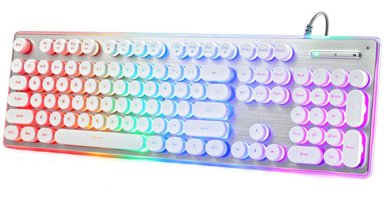 Picture of ANSWK Typewriter Style Keyboard with Metal Panel, Rainbow LED Backlit, Round Keys, Anti-ghosting, Spill Resistant, Light Up USB Wired Retro 104 Keys for Office/Gaming, White/Silver