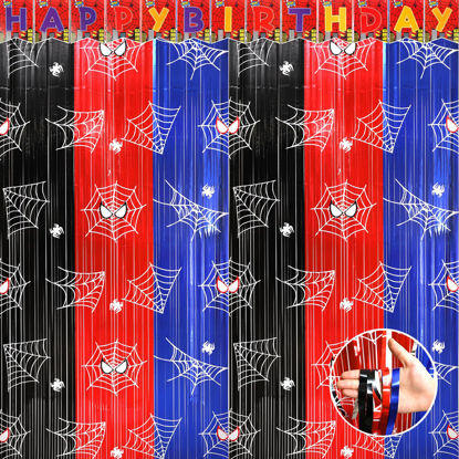Picture of Spider Web Birthday Party Decoration, 2Pack 3.3x6.6ft Spider Tinsel Foil Fringe Curtains and 1Pcs Birthday Banner, Red Blue Black Photo Booth Prop Backdrop, for Spider Birthday Party Decor Supplies