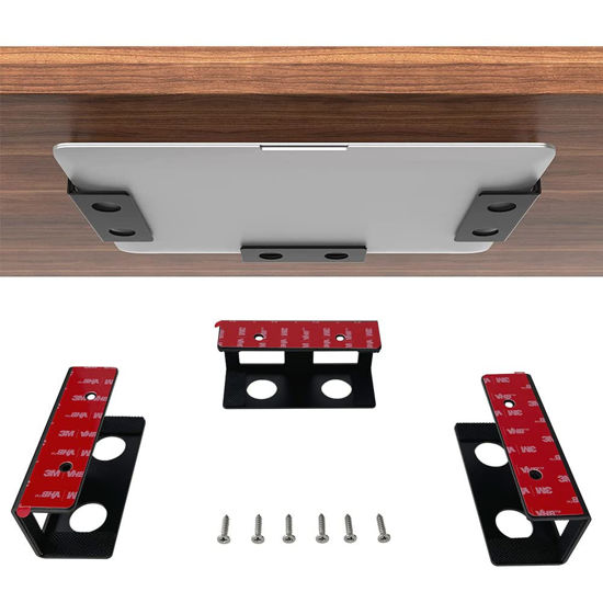 Picture of IFCASE Under Desk Laptop Mount with Adhesive & Screw in, Hard Aluminum Under Desk Shelf Holder for Laptop, Mac Mini, MacBook, Keyboard with Anti-Scratch Silicone (Black)