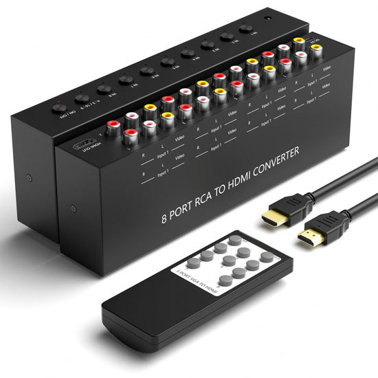 Picture of 8 Port RCA to HDMI AV to HDMI Converter 1080P/720P 8 Way RCA Composite CVBS AV Switch to HDMI Converter Adapter Support 4:3/16:9 Switch for Sega Xbox PS1 PS2 PS3 N64 NGC SNES WII VHS VCR Camera