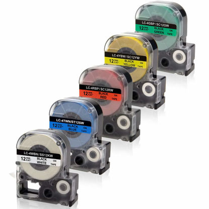 Picture of Absonic Compatible Label Tape Replacement for LK-4WBN LK-4LBP LK-4RBP LK-4YBW LK-4GBP Work for Epson LabelWorks LW-300 LW-400 LW-500 LW-600P LW-700 LW-K200PX Label Maker, 1/2" x 26', 12mm x 8m, 5-Pack