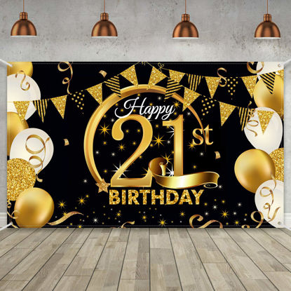 Picture of Birthday Party Decoration Extra Large Fabric Black Gold Sign Poster for Anniversary Photo Booth Backdrop Background Banner, Birthday Party Supplies, 72.8 x 43.3 Inch (21st)