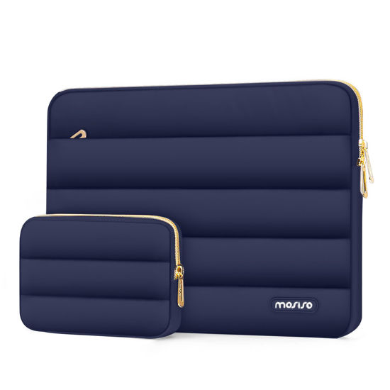 Picture of MOSISO 13-14 inch Laptop Case, 13.3 inch Puffy Laptop Sleeve Compatible with MacBook Air 13 13.6 M3 M2 M1/Pro 13/Pro 14, HP, Dell, ASUS, Lenovo, Polyester Horizontal Bag with Small Case, Navy Blue