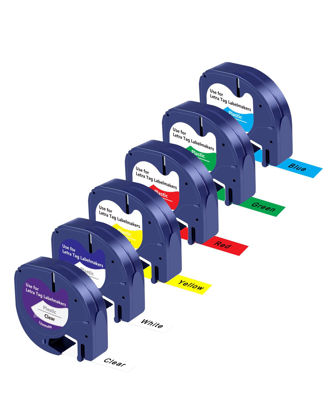Picture of UNOKA Compatible for DYMO Letratag Waterproof Labels Refills Plastic Label Maker Tape, Colored LT Labeling Tape for DYMO Letra Tag LT-100T LT-100H LT-110T QX50, 1/2" x 13' (12mm x 4m), 6PK
