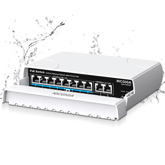 Picture of Outdoor Waterproof 8-Port PoE Switch with 8 Port PoE+@120W + Gigabit Uplink Port, 10 Port IEEE802.3af/at Power Over Ethernet Switch Unmanaged with VLAN and 250m Extender Function, Plug & Play
