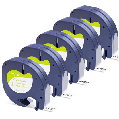 Picture of DYMO LetraTag Refills, Replacement for Dymo Label Maker Refills, 91330 Paper Label Tape 12mm (1/2" x 13ft) Compatible Dymo Lables for Letra Tag 100H 100T 200B QX50 (Black on White, 5 Pack)