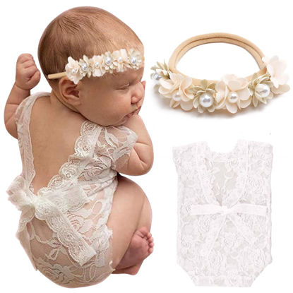 Picture of Newborn Photography Outfits, Cute Baby Lace Ribbon Rompers with Headband for Infant Photography Props (White)