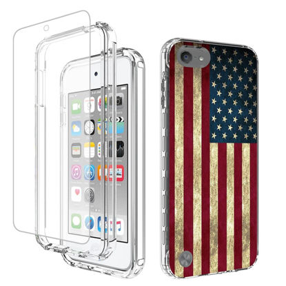 Picture of Yodueiv for iPod Touch 6/Touch 5/Touch 7 Case with Tempered Glass Screen Protector, Full-Body Shockproof Cute Clear Flag Pattern Protective Phone Cover Case for iPod Touch 5th / 6th / 7th (USA Flag)