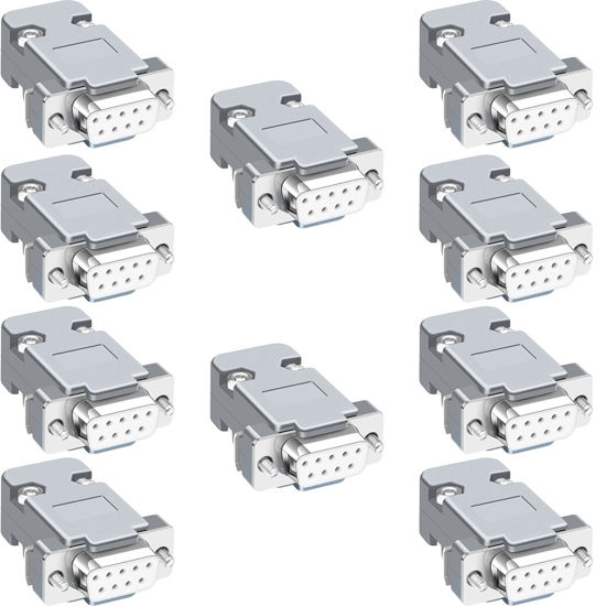 Picture of Jienk 10PCS DB9 Female RS232 D-SUB Serial Solder Cup Connectors Kit, Gold Plated Joints RS232 Serial Solder Type Port 9 Pin D Sub Couplers with Plastic Hoods, Strain Relief Grommet and Screws