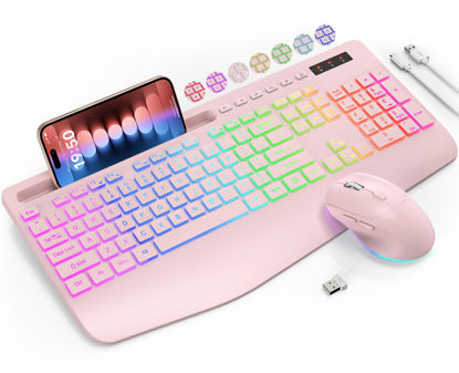 Picture of Wireless Keyboard and Mouse Combo, 9 Backlit Effects, Wrist Rest, Phone Holder, 2.4G Lag-Free Ergonomic Keyboards, Rechargeable Silent Cordless Set for Computer, Laptop, Mac, Windows -SABLUTE（Pink）