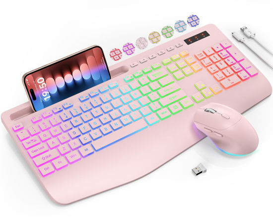 Picture of Wireless Keyboard and Mouse Combo, 9 Backlit Effects, Wrist Rest, Phone Holder, 2.4G Lag-Free Ergonomic Keyboards, Rechargeable Silent Cordless Set for Computer, Laptop, Mac, Windows -SABLUTE（Pink）