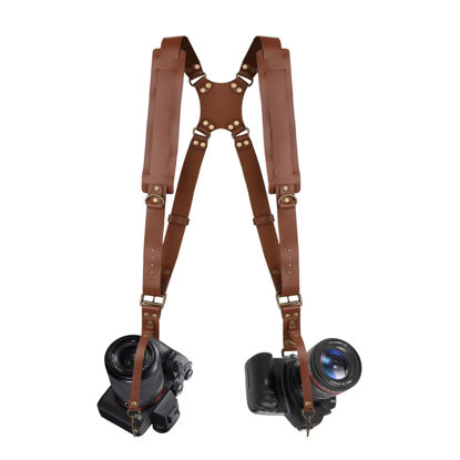 Picture of Bebaimis Leather Camera Harness for 2 Cameras,Dual Camera Harness Strap for Two Cameras,Dual Shoulder Leather Camera Strap,Multi Double Camera Gear for DSLR/SLR,Camera Harness for Photographers,Brown