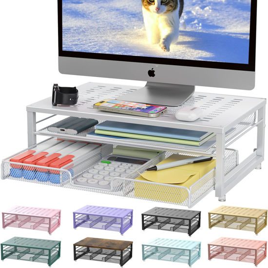 Picture of gianotter Computer Monitor Stand Riser, office organizer with Drawer, Office Organizers Storage for Classroom Office Supplies (White)