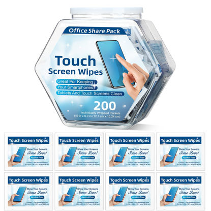 Picture of Willinglong 200 Pack Touch Screen Wipes Pre Moistened Lens Wipes Individually Electronic Screen Wipes for Monitors with 1 Clear Plastic Bottle 2 Bucket Labels for Glasses Computer Smartphone Screens