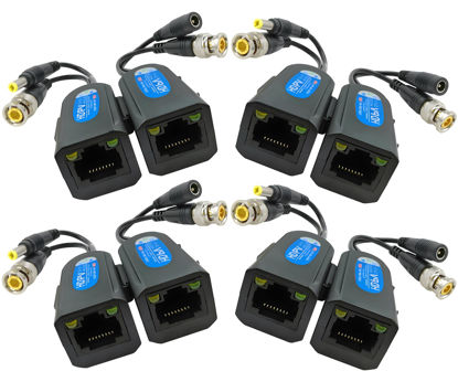 Picture of SGUESIKR 4 Pair BNC to RJ45 Passive Video Balun with Power, Cat5e/Cat6 to BNC Adapter, 1080P-8MP Analog Surveillance Camera Ethernet Cable Transceiver - Compact, Ground-Loop Isolated