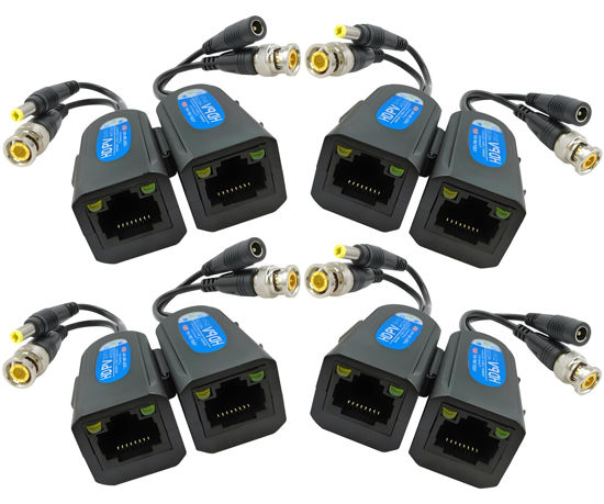 Picture of SGUESIKR 4 Pair BNC to RJ45 Passive Video Balun with Power, Cat5e/Cat6 to BNC Adapter, 1080P-8MP Analog Surveillance Camera Ethernet Cable Transceiver - Compact, Ground-Loop Isolated