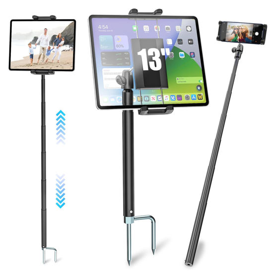 Picture of Kolasels Monopod Tablet Holder for Outdoor [57" Metal Pole] Tripod Tablet Stand for Camping, Travel, Tablet Floor Stand for iPad Pro 12.9, Mini, Air, iPhone and 4-13" Tablet and Cellphonea