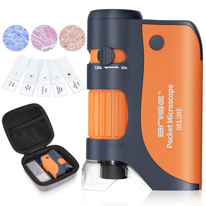 Picture of BNISE Pocket Microscope, Portable Mini Microscope Kids 60X-120X, Handheld Microscope with 5 Microscope Slides and Carrying Case for Microbiological Observation Lab Study Educational