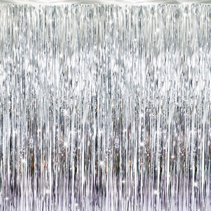 Picture of GOER 3.2 ft x 9.8 ft Metallic Tinsel Foil Fringe Curtains Party Photo Backdrop Party Streamers for Birthday,Graduation,New Year Eve Decorations Wedding Decor (Silver,1 Pack)