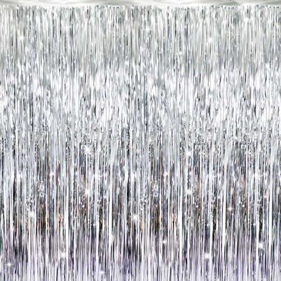 Picture of GOER 3.2 ft x 9.8 ft Metallic Tinsel Foil Fringe Curtains Party Photo Backdrop Party Streamers for Birthday,Graduation,New Year Eve Decorations Wedding Decor (Silver,1 Pack)