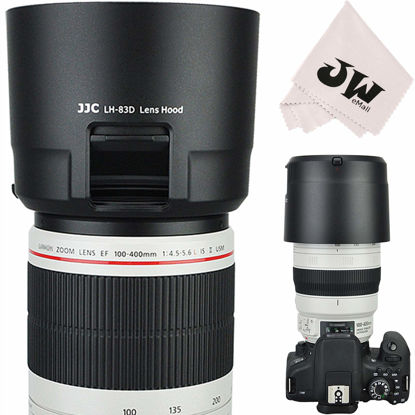 Picture of JW LH-83D Black Reversible Lens Hood for Canon EF 100-400mm f/4.5-5.6L is II USM Lens w/CPL ND Filter Adjustment Window Replaces Canon ET-83D + JW emall Micro Fiber Cleaning Cloth
