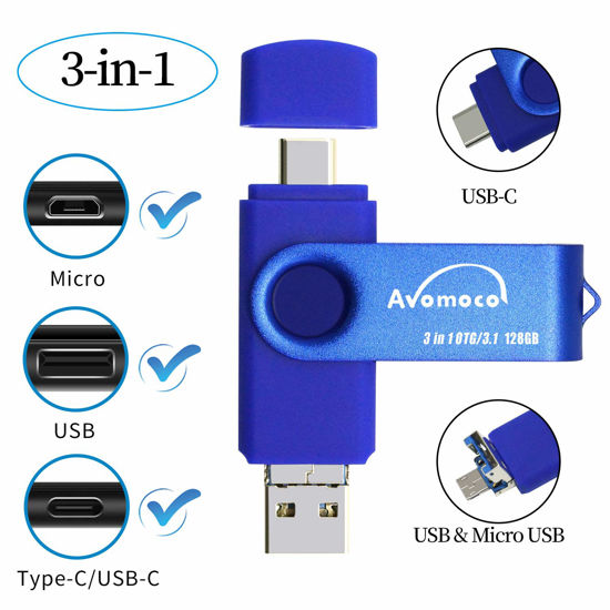 Picture of AVOMOCO 3.1 128GB 3 in1 High Speed Photo Backup Flash Drive for Android Phones wtih Type C/Micro Port&Tablets&PC. Photo-Stick-for Samsung Phones,LG,Google,Hua Wei.Moto, one Plus.etc