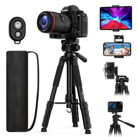 Picture of MoKo Camera Tripod for iPad - 70" Phone Tripod Stand with Travel Bag, Tripod for iPhone with Phone Holder, Wireless Remote, Travel Tripod for Camera DSLR SLR, Cell Phones, Tablets, Projector, Webcam