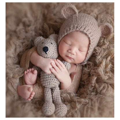 Picture of Ederafoto Newborn Photography Props Bear Hat Baby Photoshoots Outfits Photo Posing Crochet Bear Doll Knit Toy Accessories (Khaki)