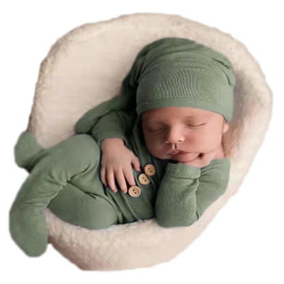 Picture of Fashion Newborn Boys Girls Baby Photo Shoot Props Outfits Crochet Clothes Long Tail Hat Pants Photography Props (grey-green)